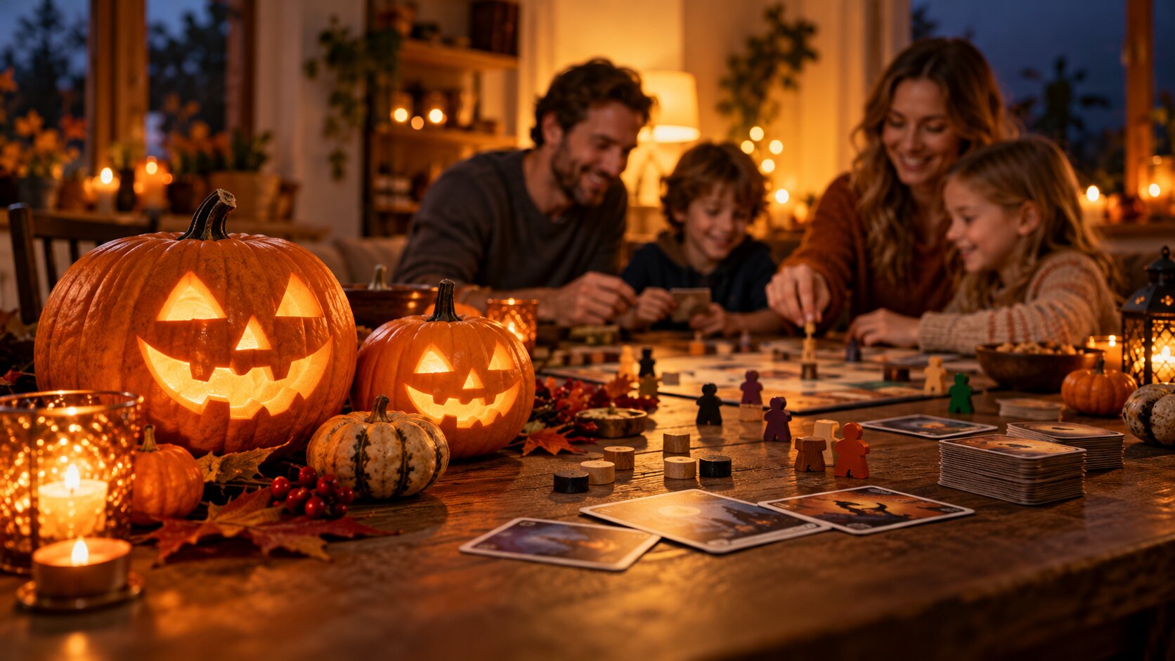 Carved pumpkins glowing with candlelight next to playing cards and wooden pieces on a dark wooden table, a family playing in the evening (AI-generated)