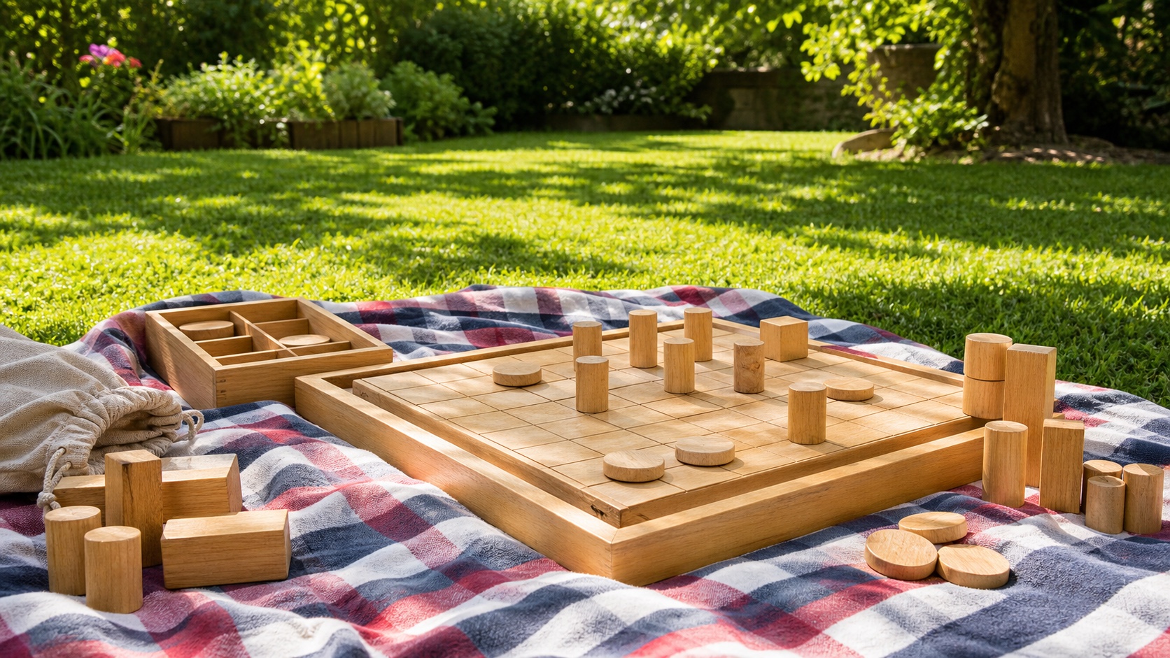 Sturdy game with wooden pieces on a picnic blanket in the garden, sunny summer light and a green lawn