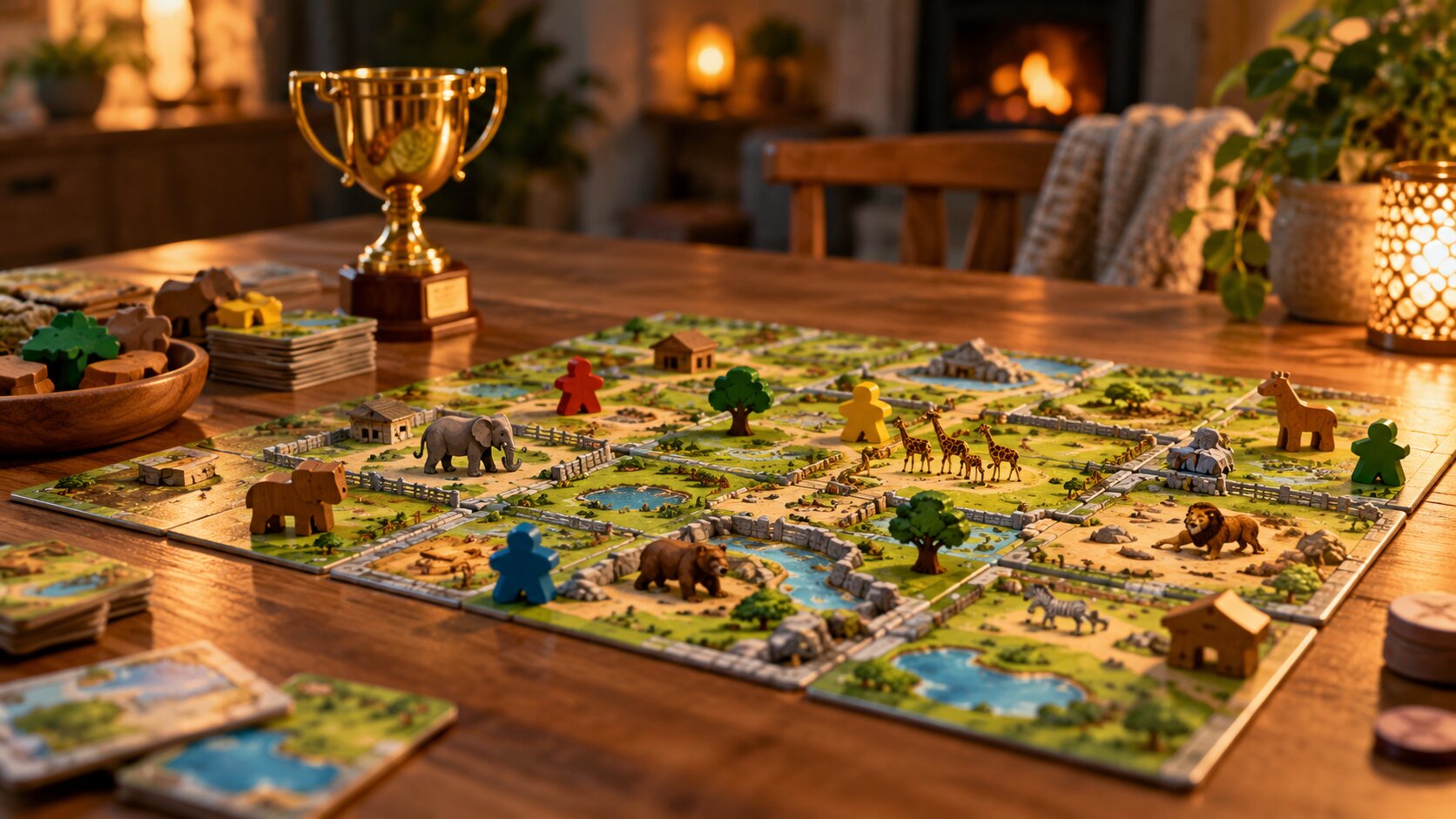 Wooden table with a board game of colorful animal-enclosure tiles set up, next to a golden trophy and small wooden figures, warm evening light (AI-generated)