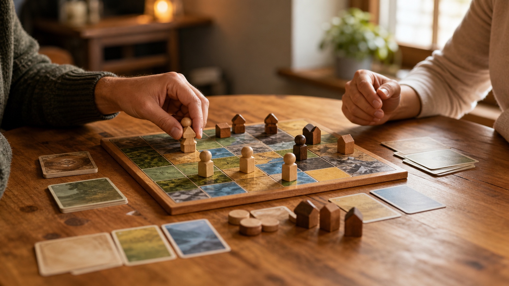 Two people playing a board game together at a table, cards and pieces in the middle, warm light