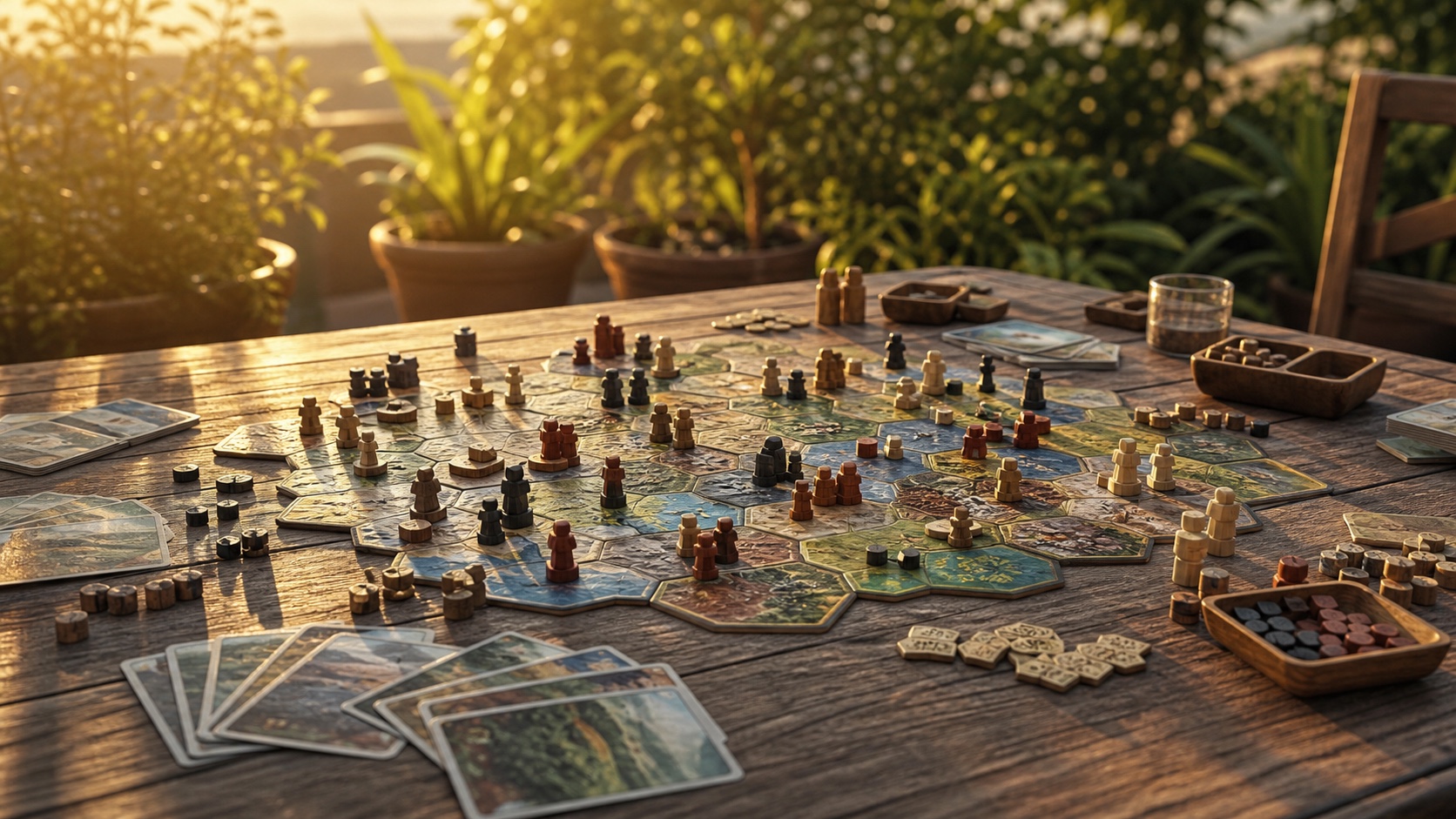 Strategy board game with wooden pieces and cards on a patio table in the evening sun