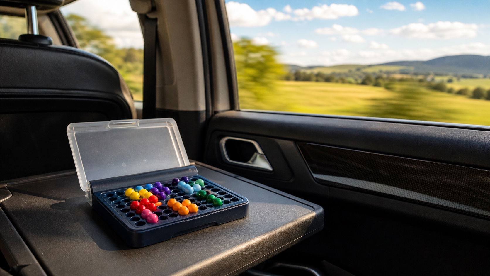 Compact travel game on a tray in a car, with a blurred summer landscape visible through the window in the background