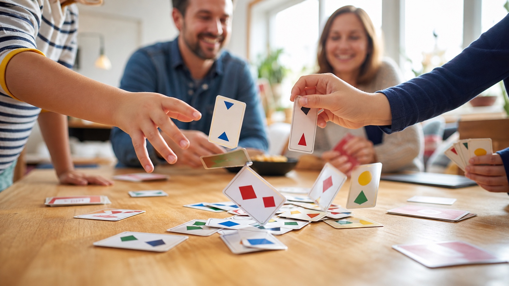 Children's hands placing colorful playing cards on a bright table, a cheerful family game scene in daylight