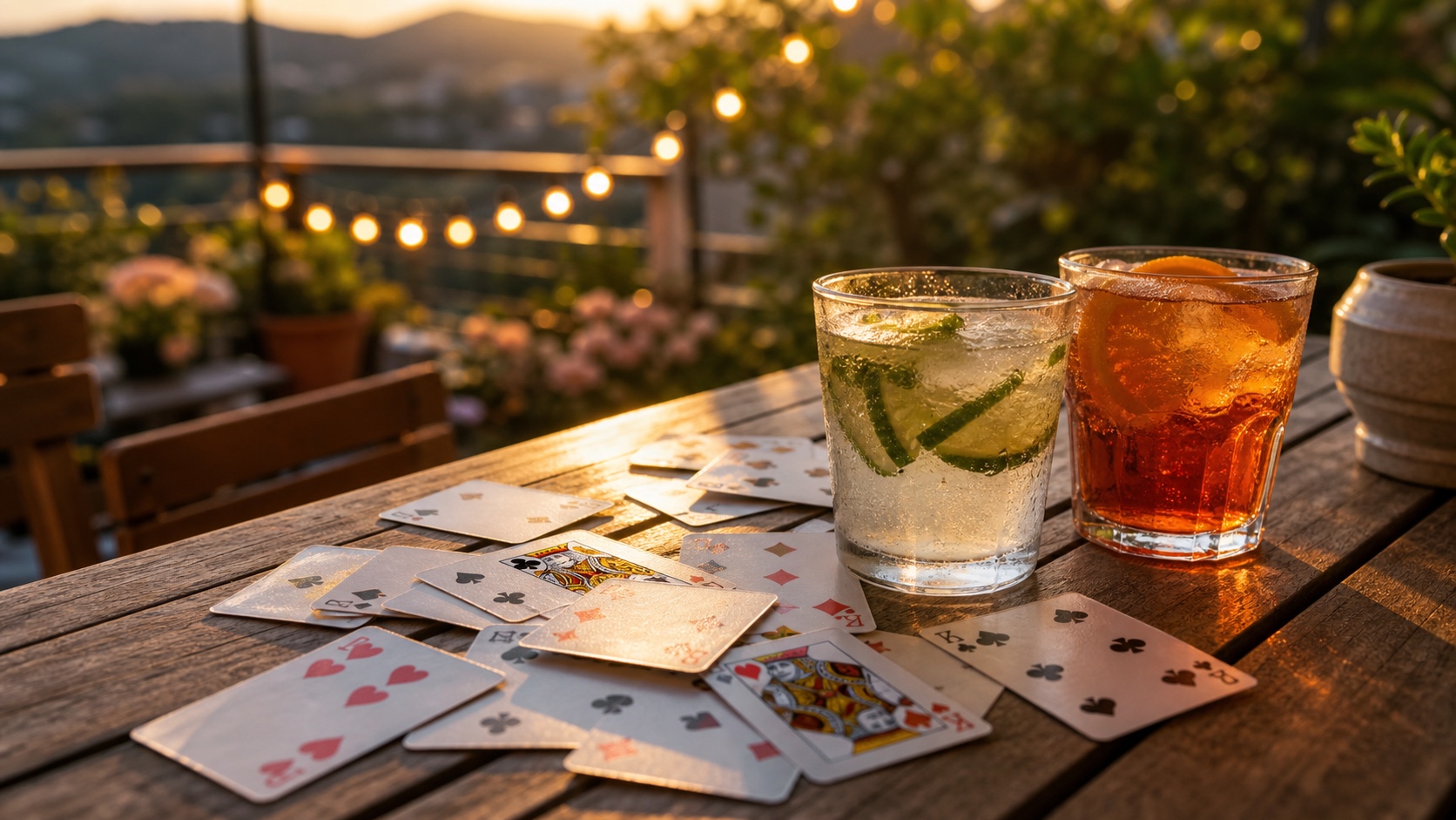 Playing cards and two drinks on a patio table in the warm evening sun, string lights in the background