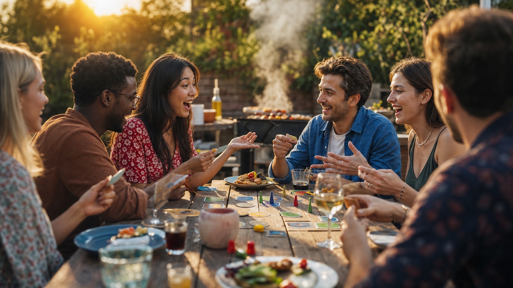 A cheerful group playing a party game at a long garden table during a barbecue evening in the setting sun
