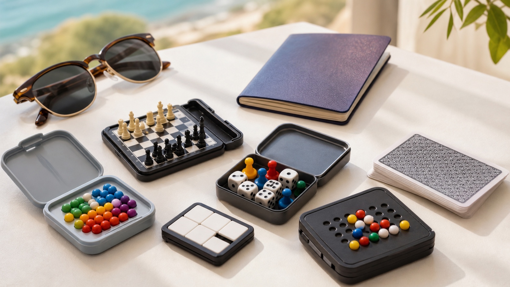 Several compact travel games next to a passport and sunglasses on a bright table, with a summery mood