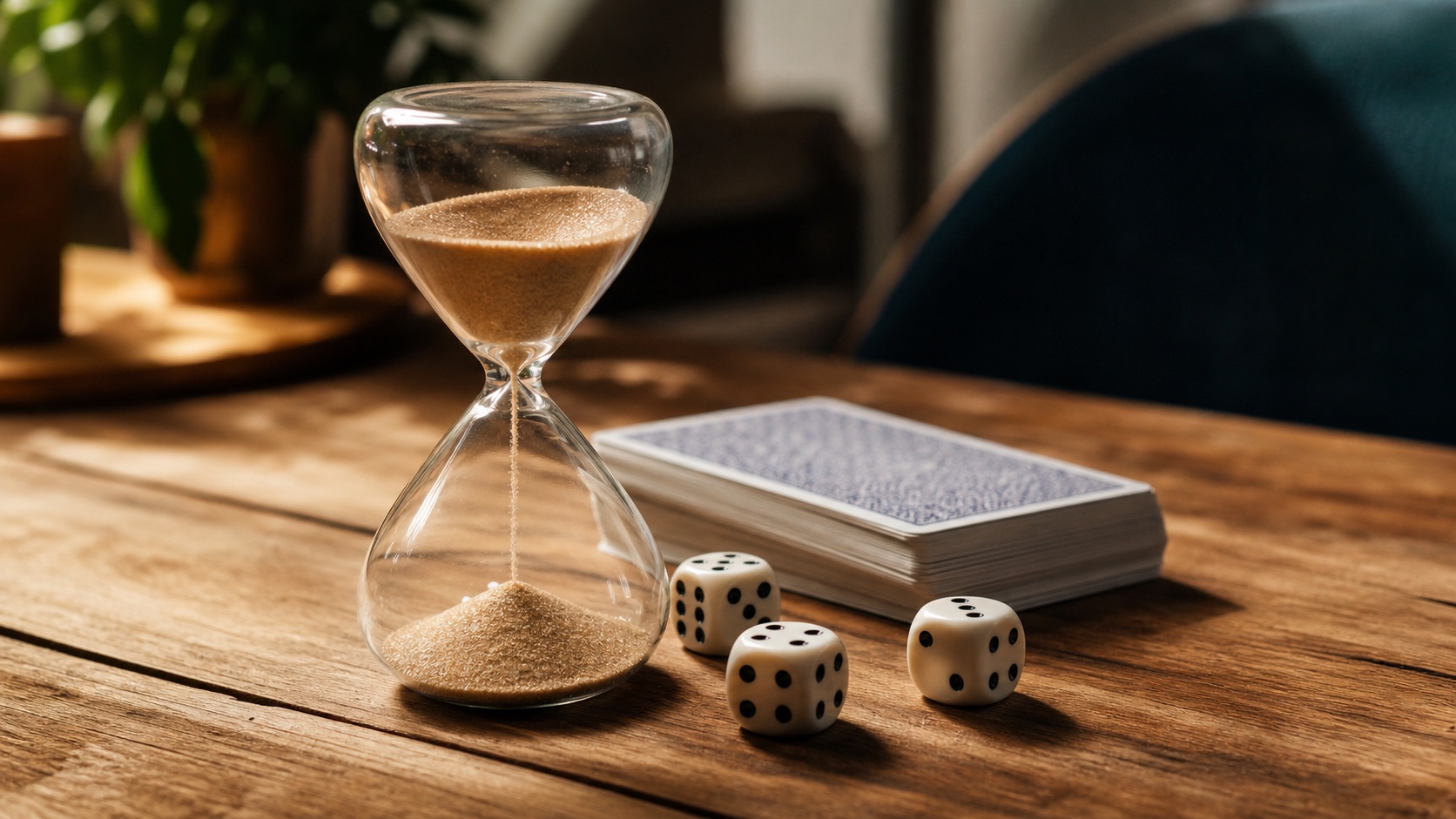 An hourglass next to a compact card game and dice on a wooden table, warm light