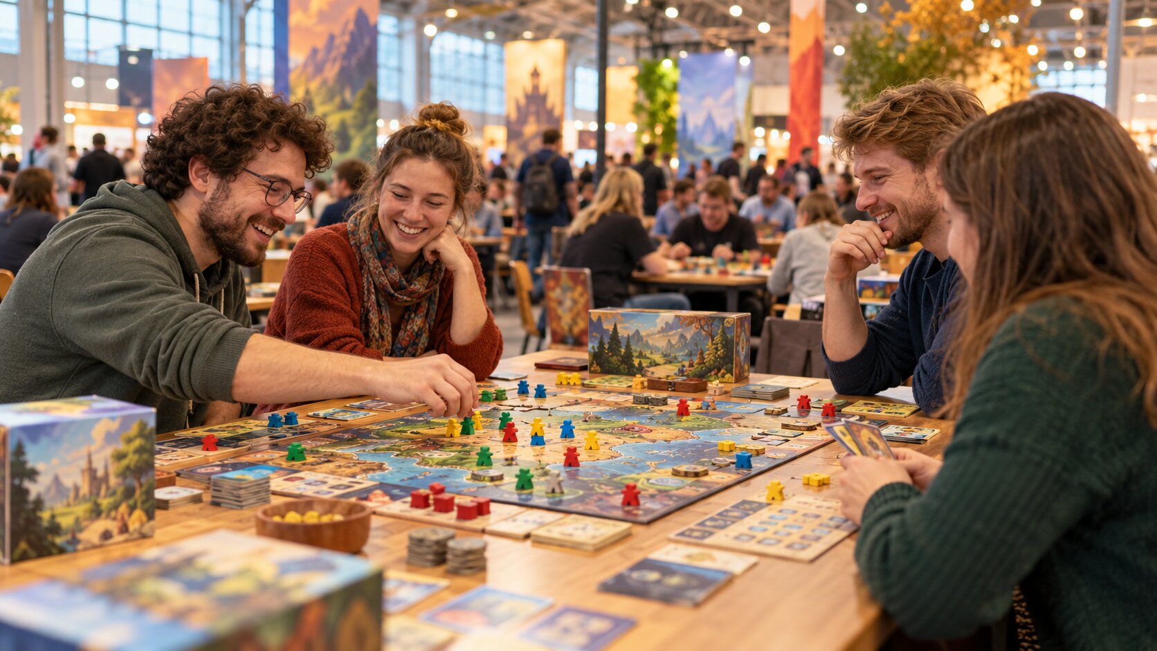 Busy exhibition hall with long gaming tables where people try out new board games, colorful game boxes and components on the tables, warm hall lighting (AI-generated)