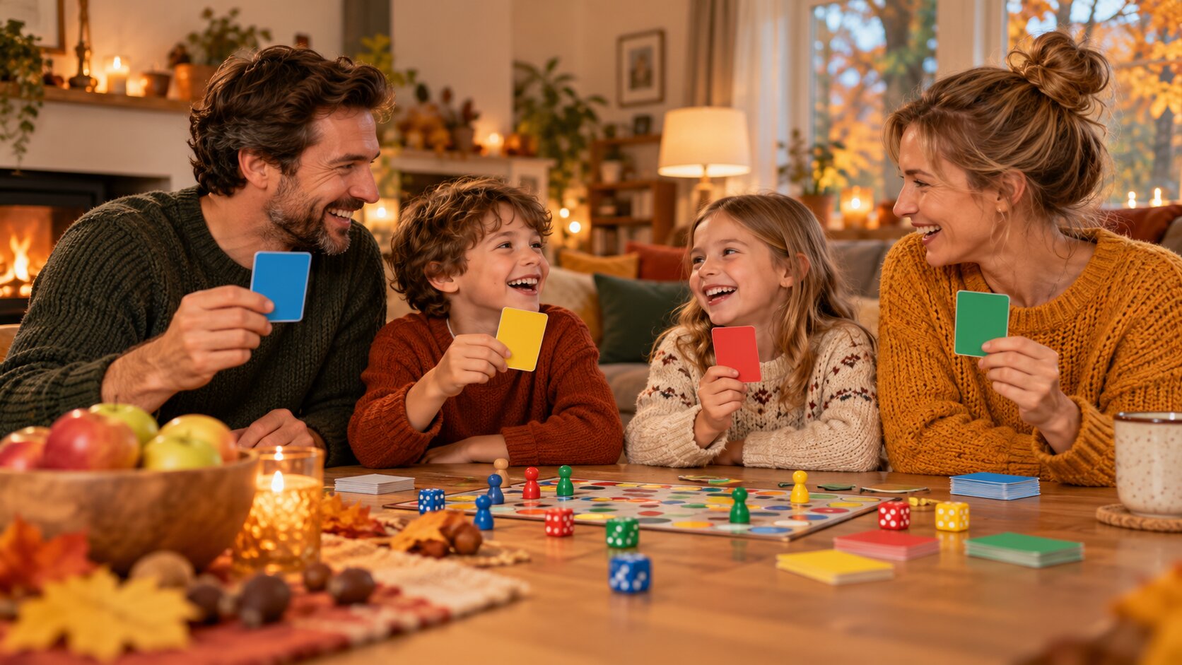 A family at the living room table in autumn, kids and parents laughing and holding up colorful quiz cards, next to them game dice, wooden pieces and a bowl of apples, warm lamplight (AI-generated)