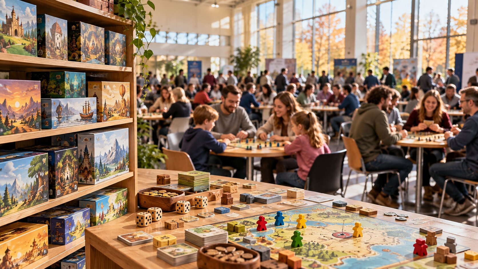 Large, bright exhibition hall with many round gaming tables where families and groups of friends play board games, a shelf full of game boxes to borrow in the foreground (AI-generated)