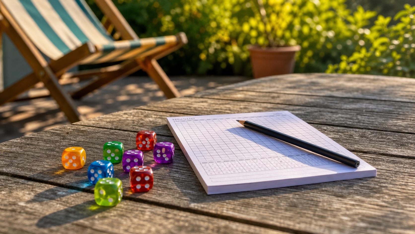 Colorful dice and a roll-and-write score pad on a wooden table in a sunny garden, a deck chair in the background